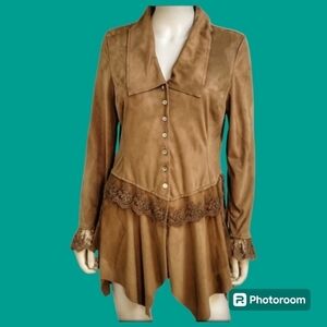 VTG CINDY OH Tan Faux Suede Lace Peplum Button Down Long Sleeve Castlecore Top
